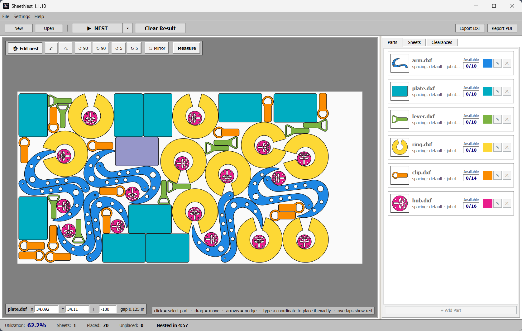 Editing a nest by hand in SheetNest: select, drag, rotate and mirror parts