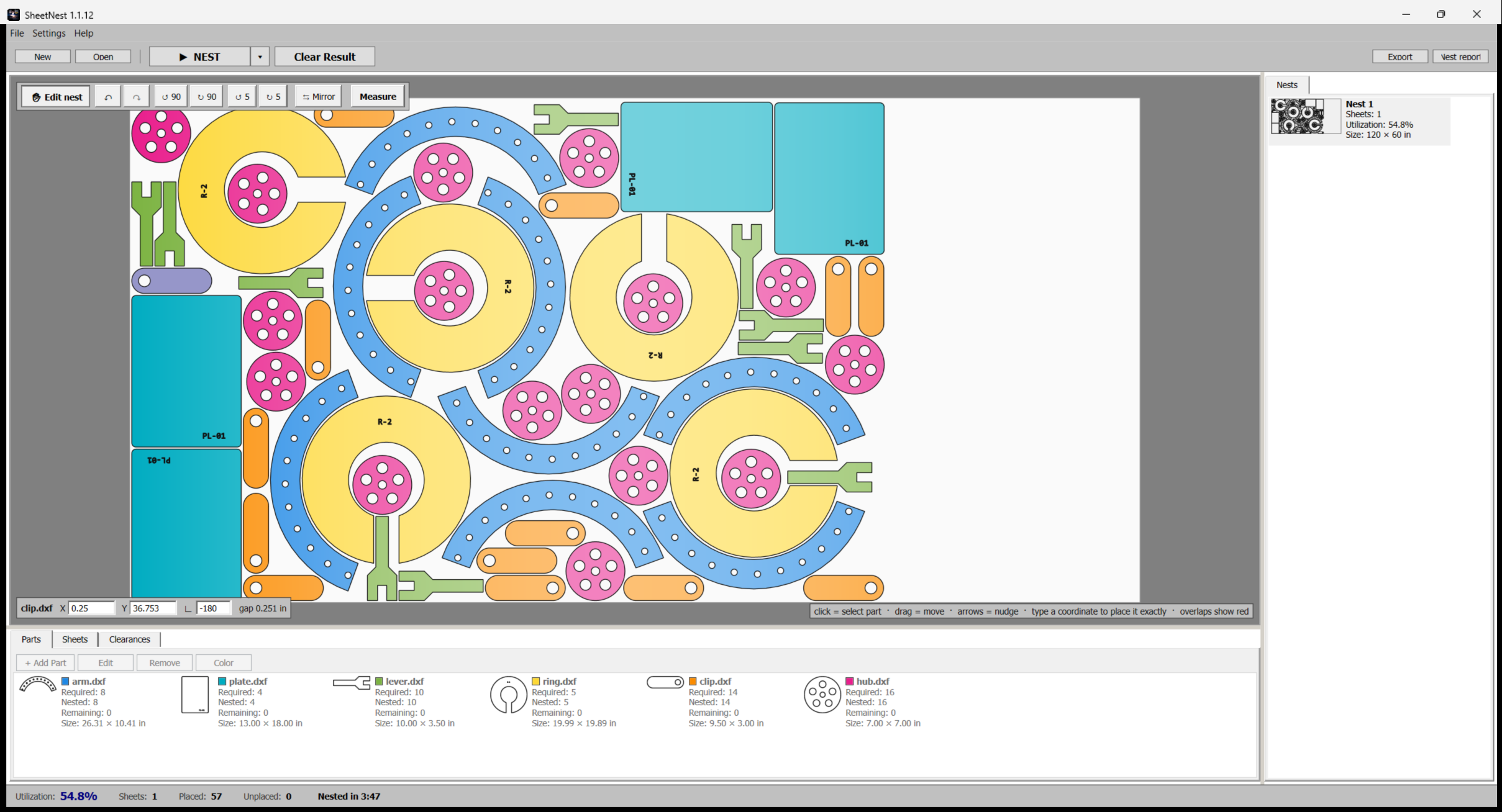 Editing a nest by hand in SheetNest: select, drag, rotate and mirror parts